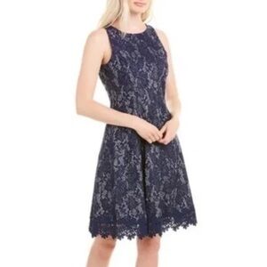 Donna Ricco size 12 Women’s  A Line Dress Lace Sequins Navy Blue Lined Formal